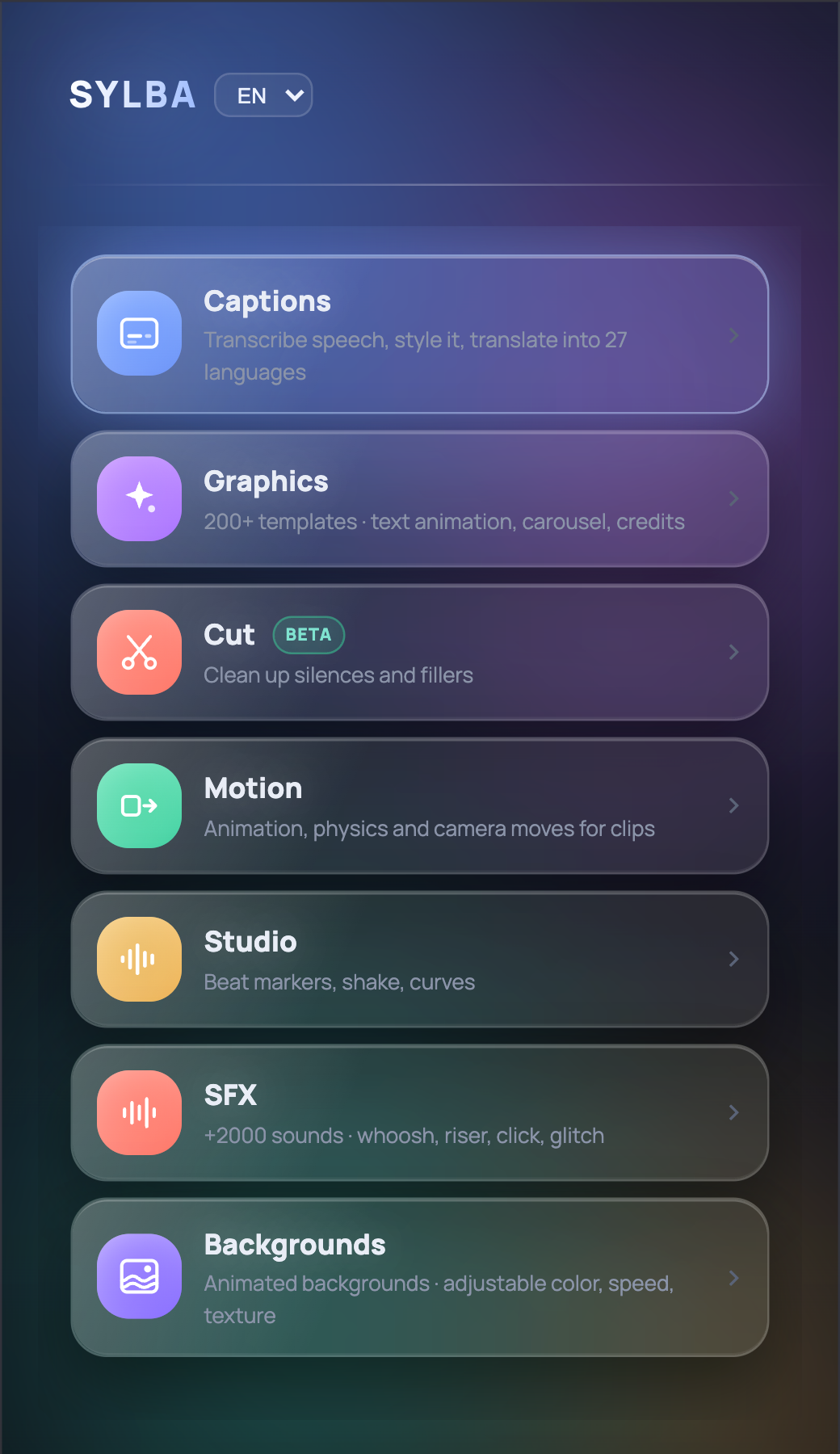 Sylba — main menu of the free auto caption plugin for Premiere Pro