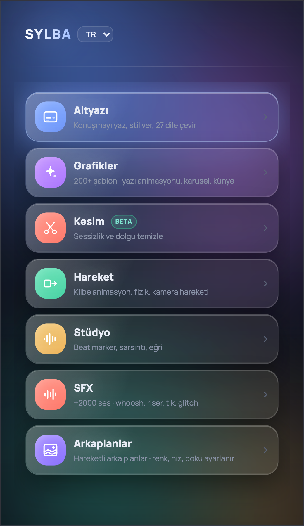 Sylba — Premiere Pro ücretsiz otomatik altyazı eklentisinin ana menüsü