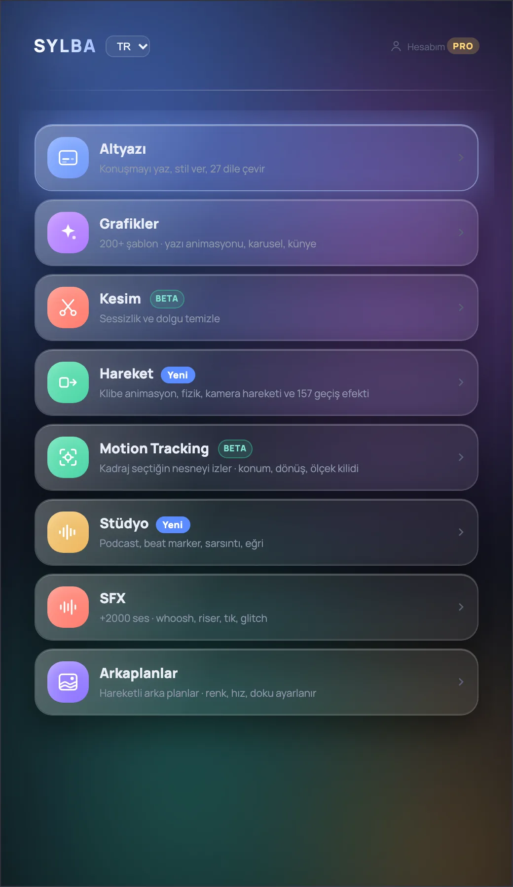 Sylba — Premiere Pro ücretsiz otomatik altyazı eklentisinin ana menüsü